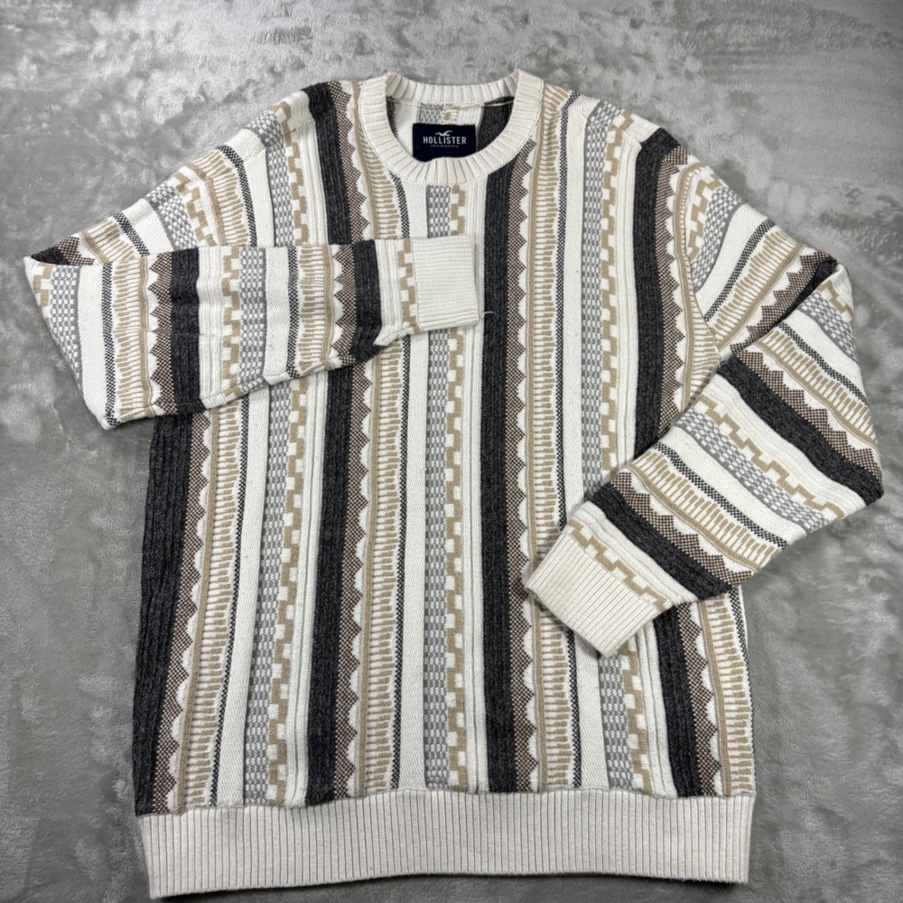 Hollister Mens‎ Medium Vertical Geometric Stripe Crewneck Sweater Cream Gray Tan